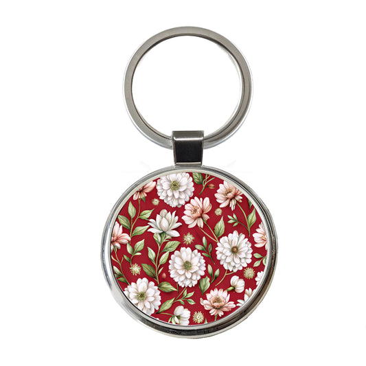 White Flowers Red Background Round Metal Keychain