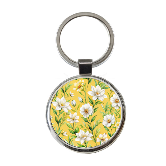 White Flowers Yellow Background Round Metal Keychain
