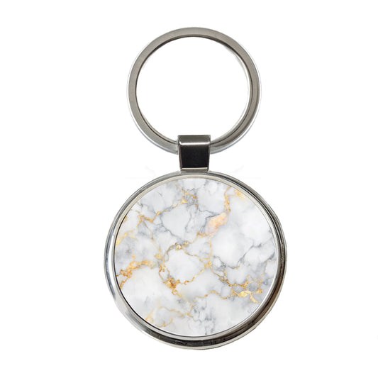 White Gold Marble Background Watercolor Round Metal Keychain