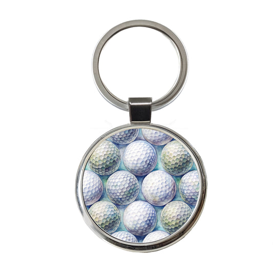 White Golf Balls Watercolor Round Metal Keychain