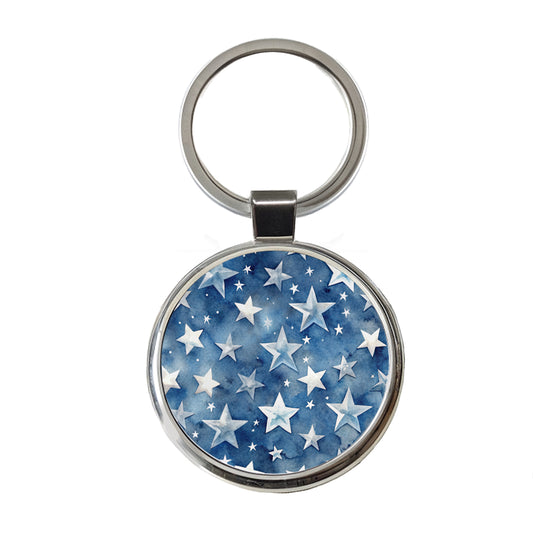 White Stars Blue Background Watercolor Round Metal Keychain