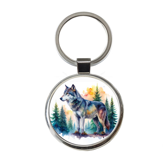 Wolf In Forest Watercolor Design Round Metal Keychain