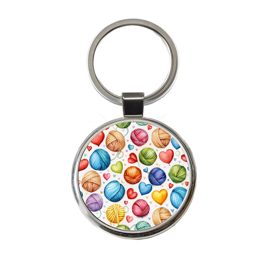 Yarn Knitting Crochet Balls Hearts Watercolor Round Metal Keychain