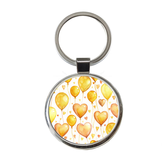 Yellow Balloons Hearts Watercolor Round Metal Keychain