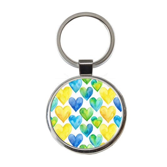 Yellow Blue Green Hearts Watercolor Round Metal Keychain