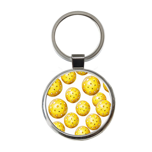 Yellow Pickleballs Watercolor Round Metal Keychain