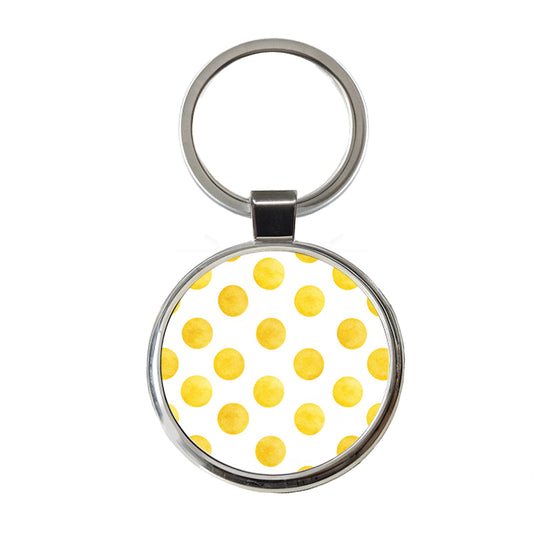 Yellow Polka Dots White Background Round Metal Keychain