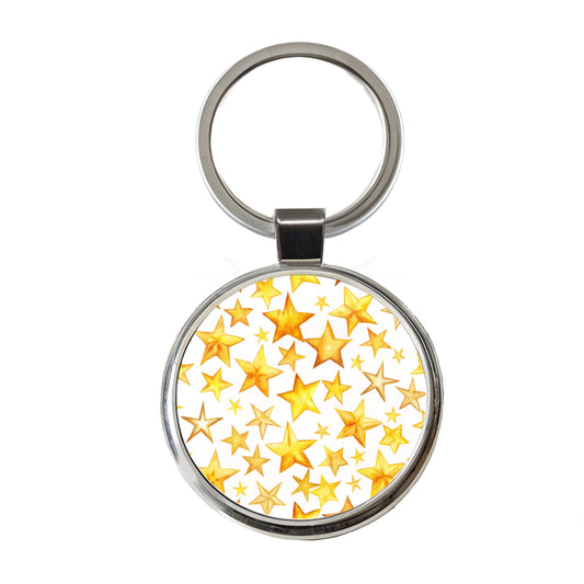 Yellow Stars Watercolor Round Metal Keychain
