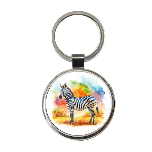 Zebra African Plain Watercolor Design Round Metal Keychain