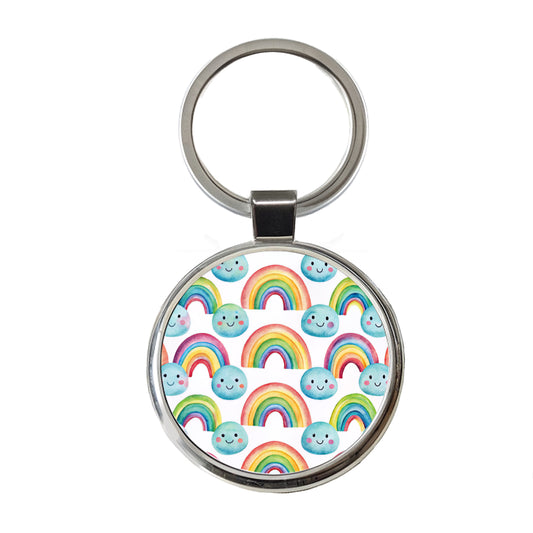 Adorable Smiling Rainbows Clouds Round Metal Keychain