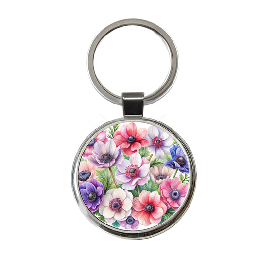 Anemone Flowers Watercolor Round Metal Keychain
