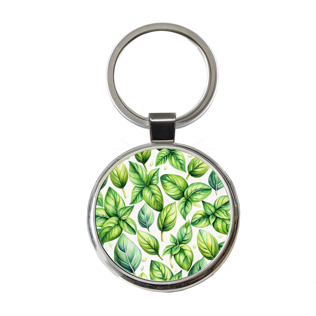 Basil Herbs Watercolor Round Metal Keychain