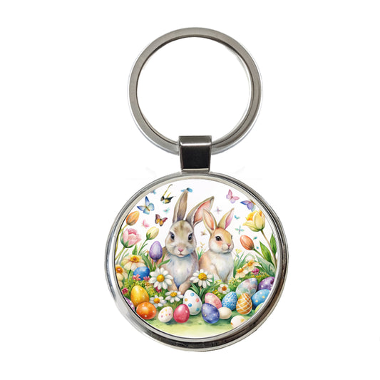 Beautiful Easter Bunnies Rabbits Eggs Flowers Round Metal Keychain