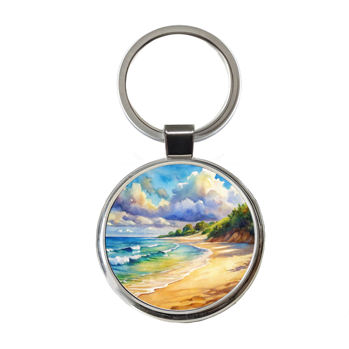 Beautiful Sandy Beach Watercolor Round Metal Keychain