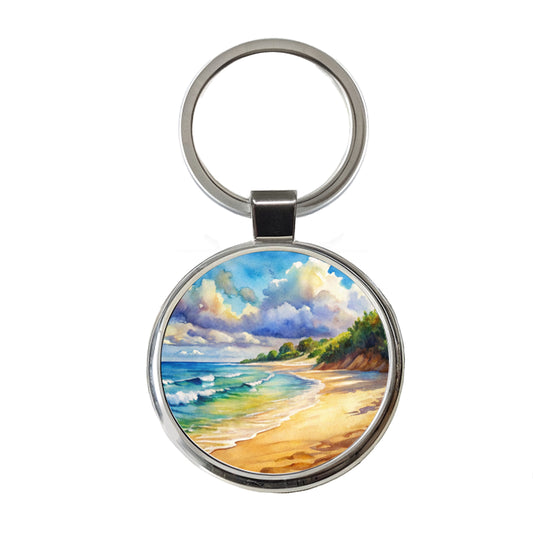 Beautiful Sandy Beach Watercolor Round Metal Keychain