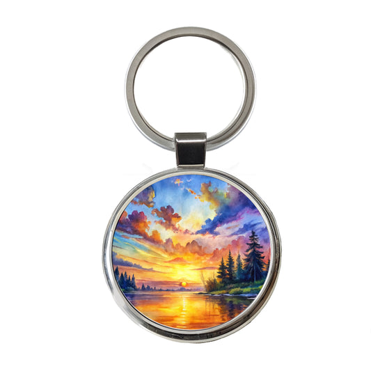 Beautiful Sunrise Watercolor Round Metal Keychain
