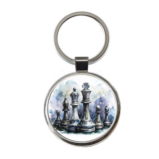 Black And White Chess Pieces Watercolor Round Metal Keychain