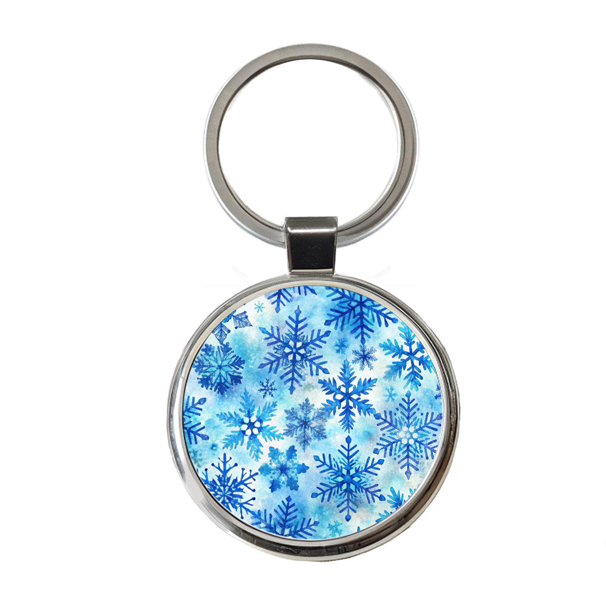 Blue Snowflakes Watercolor Round Metal Keychain