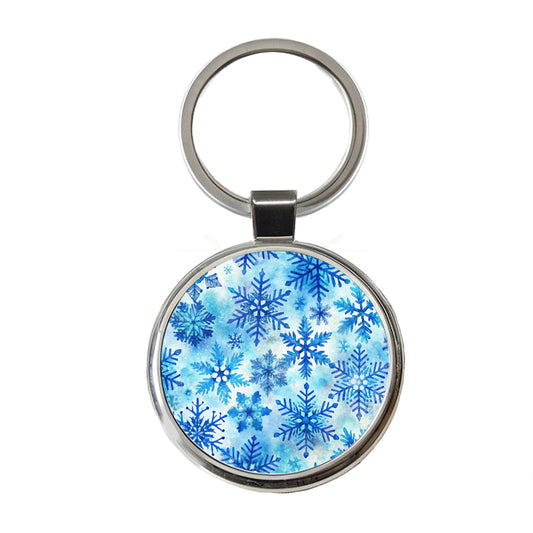 Blue Snowflakes Watercolor Round Metal Keychain