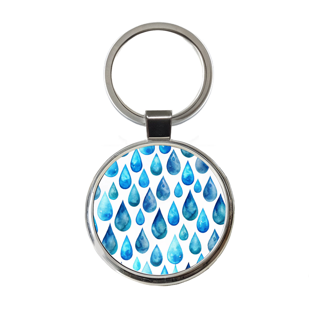 Blue Water Droplets Repeating Round Metal Keychain