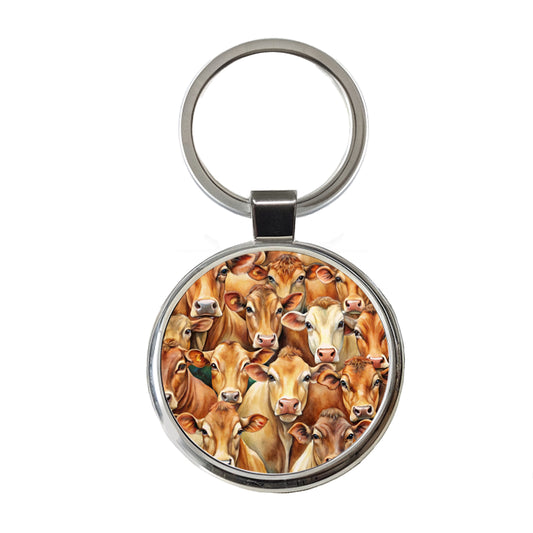 Bunch Of Brown Cow Faces Round Metal Keychain