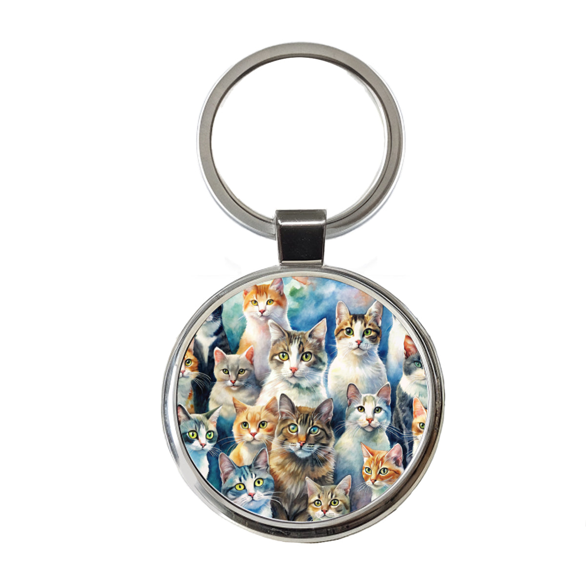Bunch Of Cats Watercolor Round Metal Keychain