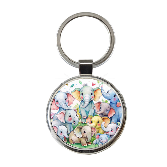 Bunch Of Cute Elephants Watercolor Round Metal Keychain