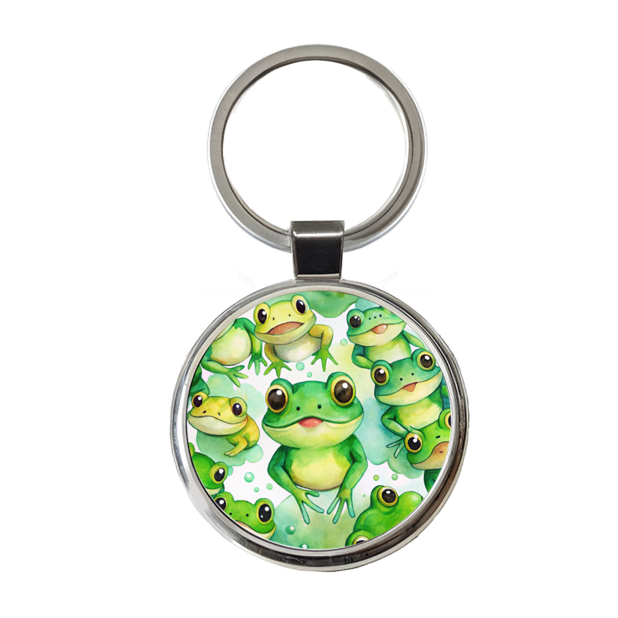 Bunch Of Cute Green Frogs Watercolor Round Metal Keychain