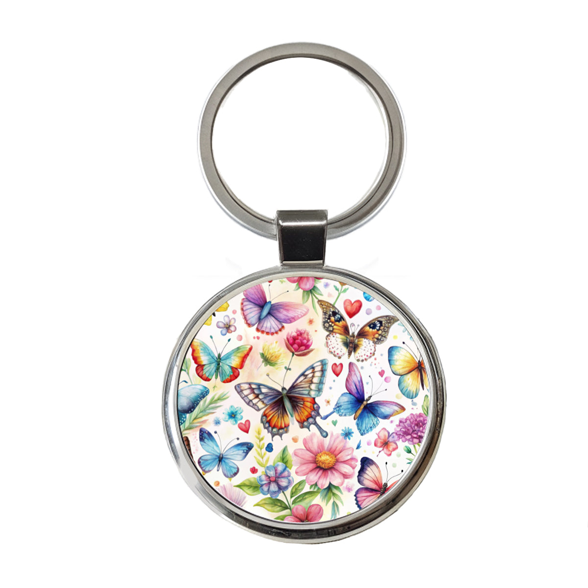 Butterflies Hearts Flowers Beautiful Watercolor Round Metal Keychain