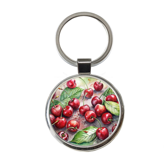 Cherries Fruit Watercolor Round Metal Keychain