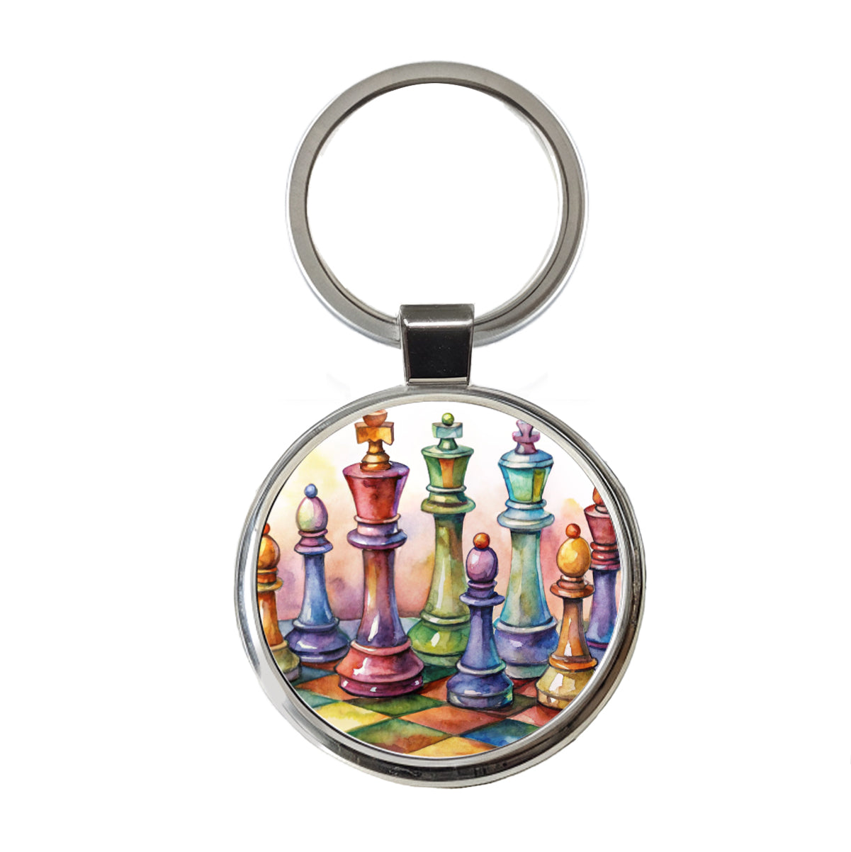 Chess Pieces Colorful Watercolor Round Metal Keychain