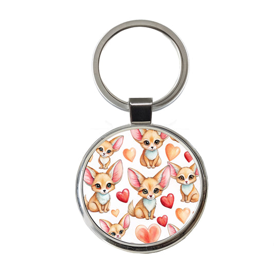 Chibi Fenec Foxes And Hearts Round Metal Keychain