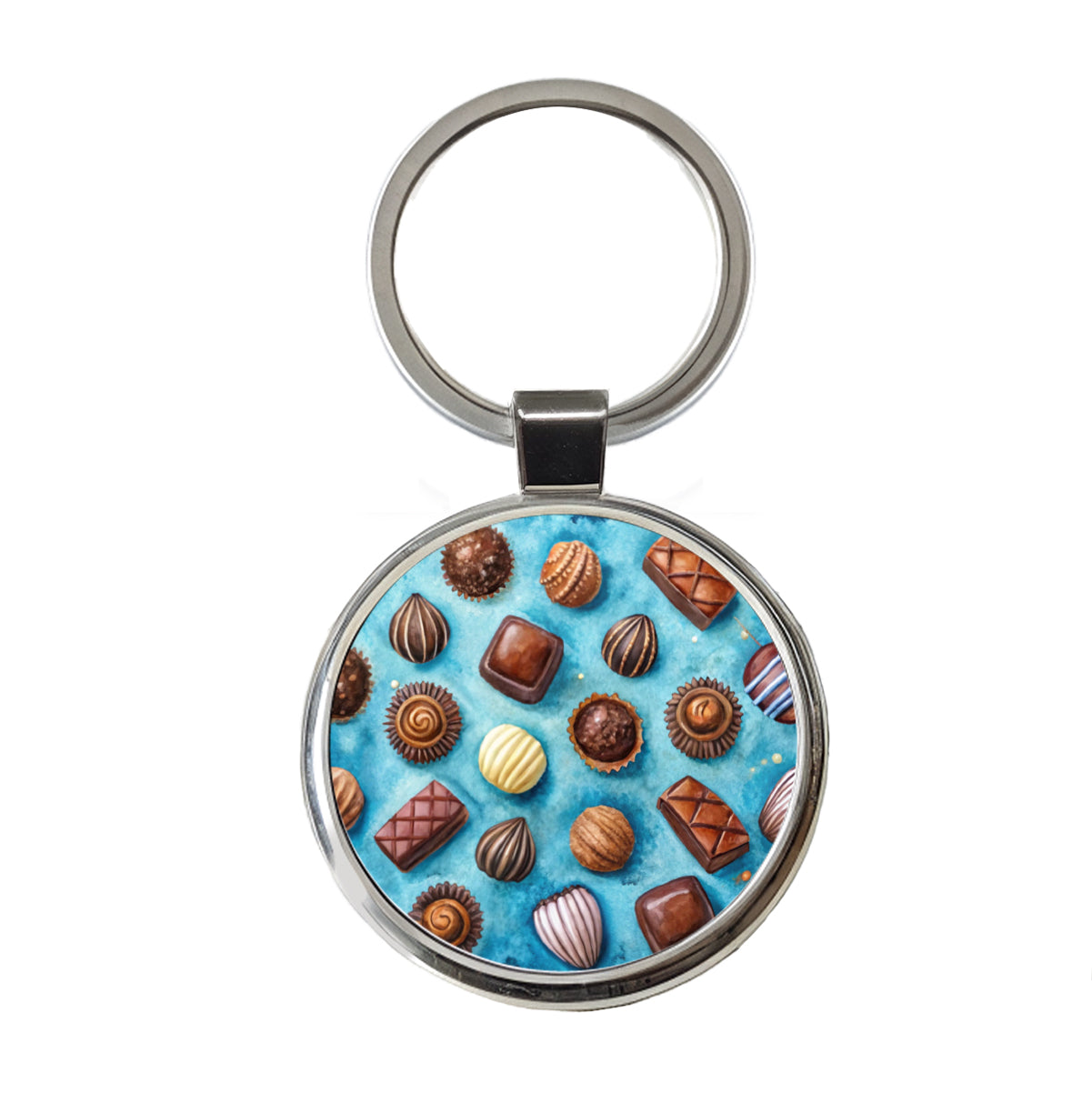 Chocolates Candy Blue Background Watercolor Round Metal Keychain