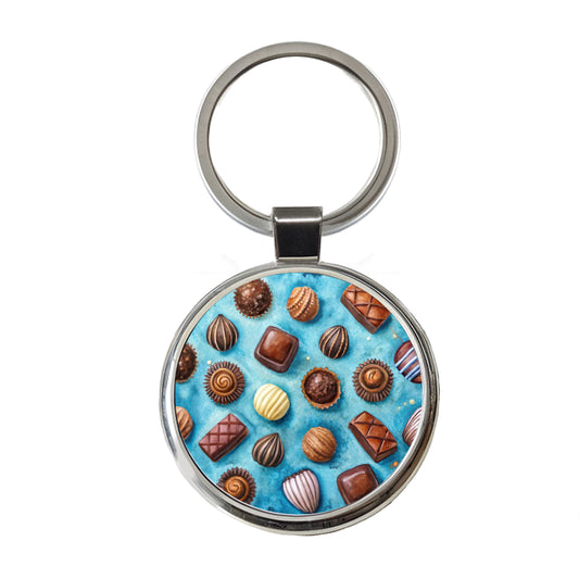 Chocolates Candy Blue Background Watercolor Round Metal Keychain