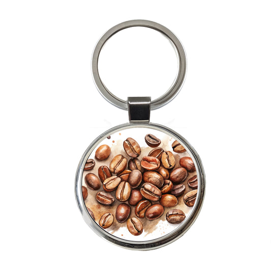 Coffee Beans Watercolor Round Metal Keychain