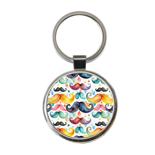 Colorful Mustaches Watercolor Round Metal Keychain
