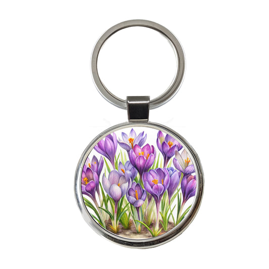 Crocus Purple Flowers Watercolor Round Metal Keychain