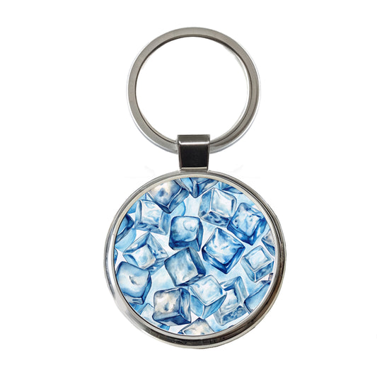 Crushed Ice Cubes Watercolor Round Metal Keychain