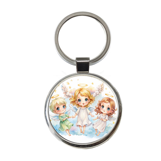 Cute Angels Watercolor Round Metal Keychain