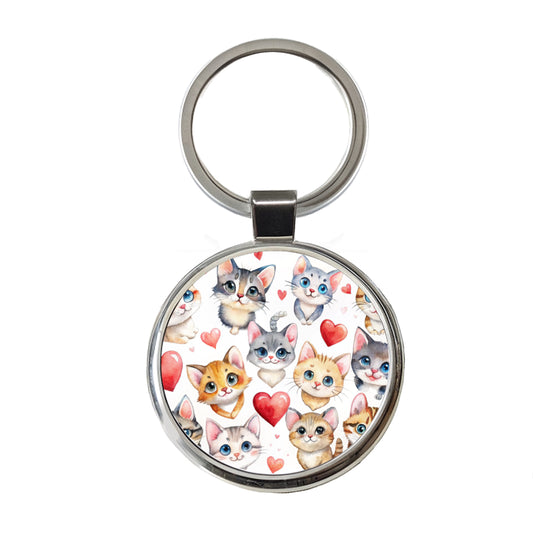 Cute Fun Cats Hearts Watercolor Round Metal Keychain