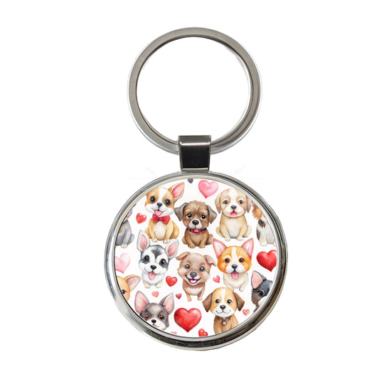 Cute Fun Dogs Hearts Watercolor Round Metal Keychain
