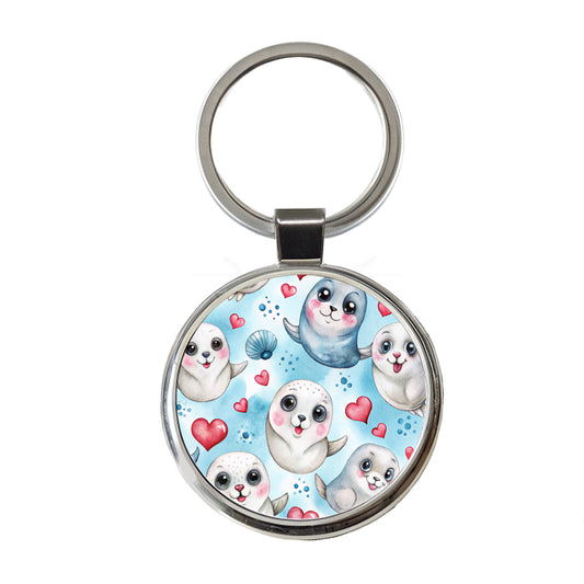Cute Harp Seals And Hearts Watercolor Round Metal Keychain