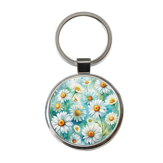 Daisies Daisy Flowers Watercolor Round Metal Keychain