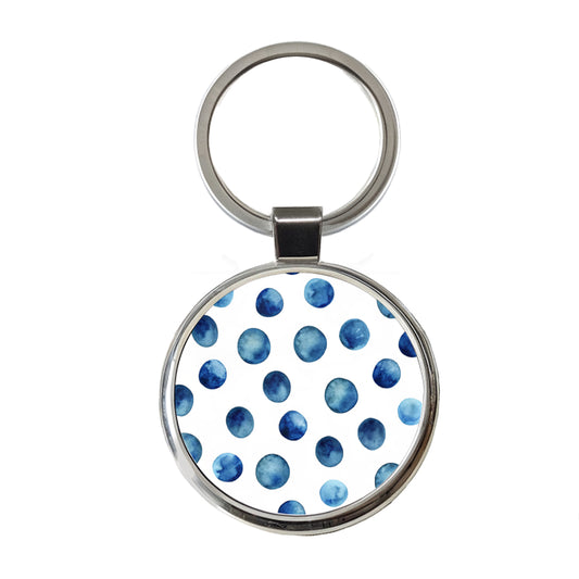 Dark Blue Polka Dots Fun White Background Round Metal Keychain