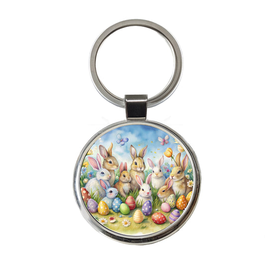 Easter Bunnies Watercolor Round Metal Keychain