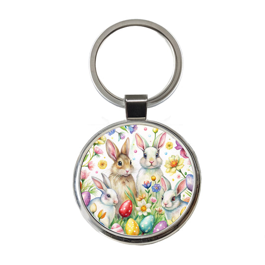 Easter Bunny Rabbit Eggs Flowers Round Metal Keychain