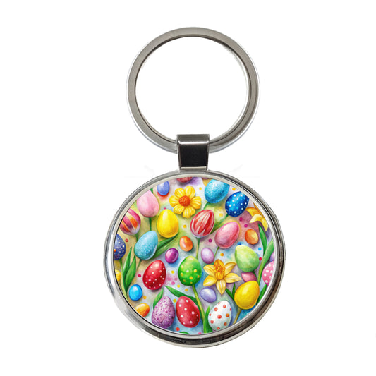 Easter Candy Eggs Flowers Round Metal Keychain