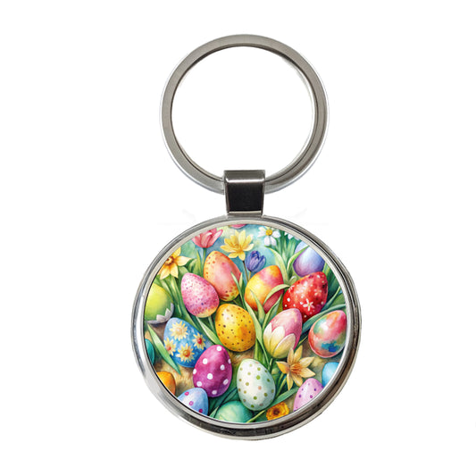 Easter Eggs Flowers Watercolor Round Metal Keychain