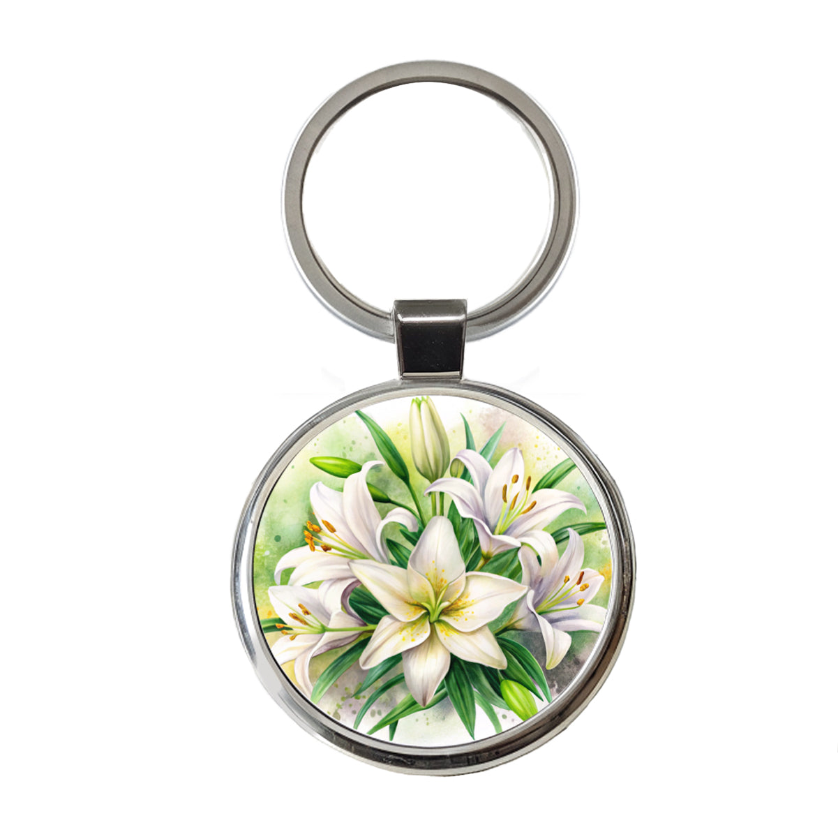 Easter Lily Flowers Watercolor Round Metal Keychain