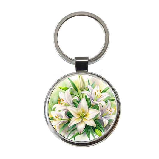 Easter Lily Flowers Watercolor Round Metal Keychain